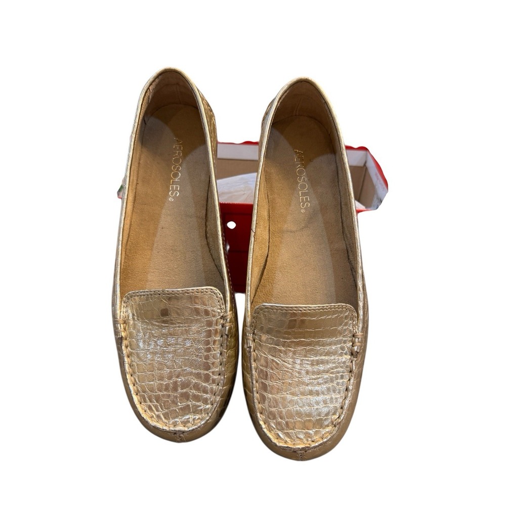 Aerosoles Nu Day Loafer Women's Gold Metallic Leather Croc Embossed‎ Size 8